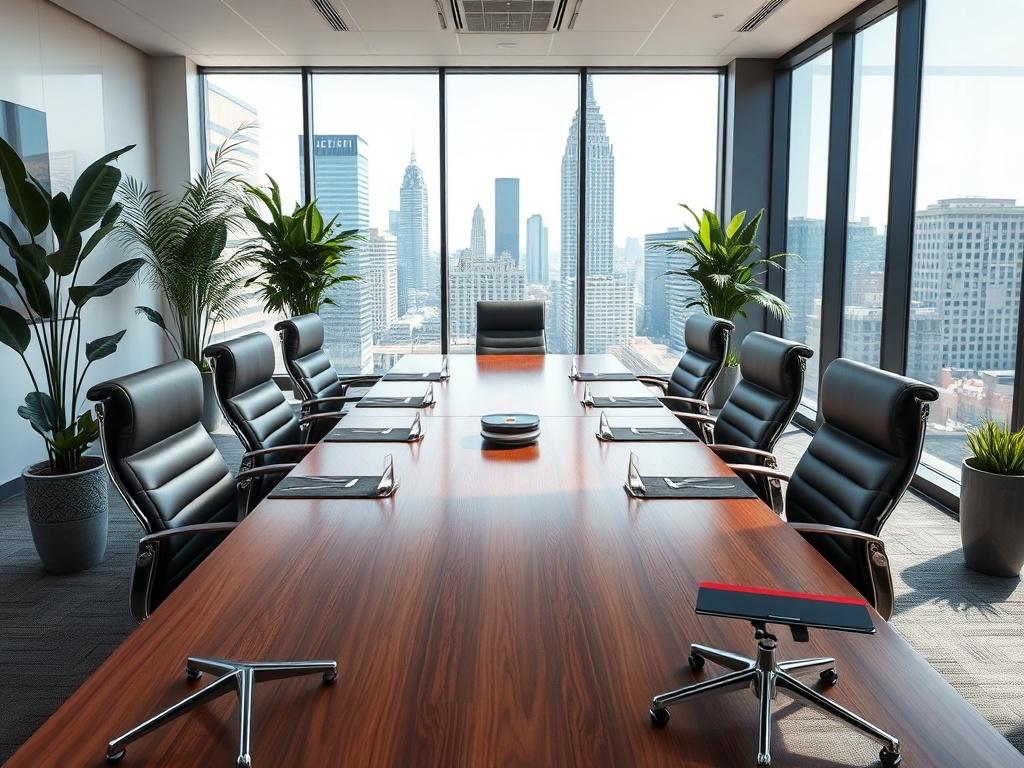 A high-resolution image of a modern boardroom table set for a meeting. The table should be polished wood with comfortable executive chairs around it. In the background, there should be large windows letting in natural light, showcasing a cityscape of Atlanta. Decorative plants should be placed strategically around the room to create an inviting atmosphere. The overall composition should be clean and professional, focusing on the boardroom setting.