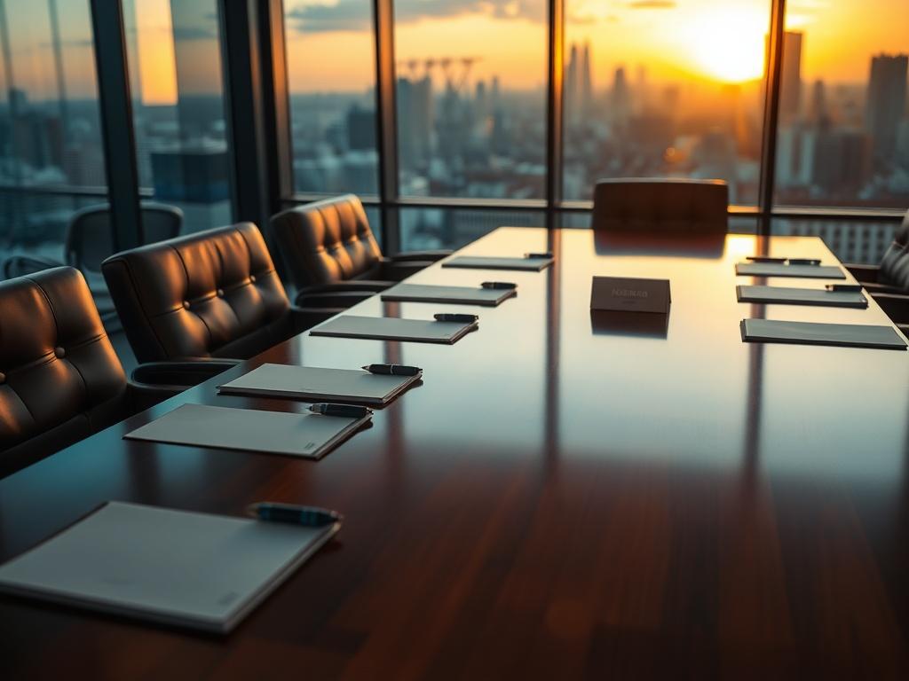 A hyper-realistic close-up shot of an elegant boardroom table set for a meeting. The table should be made of polished mahogany, reflecting soft lighting from above. Around the table, comfortable leather chairs are arranged neatly. A large window in the background reveals a city skyline, with the sun setting, casting warm hues across the room. The focus should be on the table, showcasing an arrangement of notepads and pens, hinting at a productive meeting atmosphere. The color theme should complement rgb(234