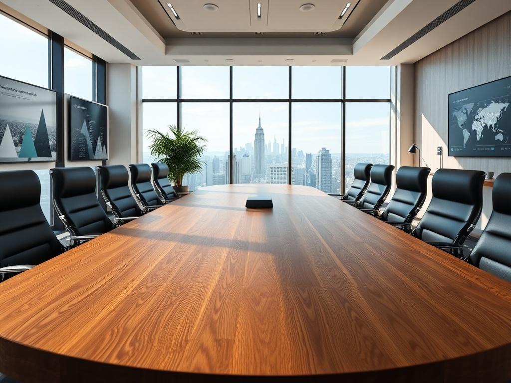 A hyper-realistic photo of a modern boardroom. The composition features a large oak conference table in the center, surrounded by sleek black leather chairs. Natural light floods the room through floor-to-ceiling windows, showcasing a city skyline in the background. The walls are adorned with contemporary art pieces, and there are digital screens mounted on the walls displaying graphs and charts. A touch of greenery is added with a potted plant in the corner. The overall atmosphere is professional and invit