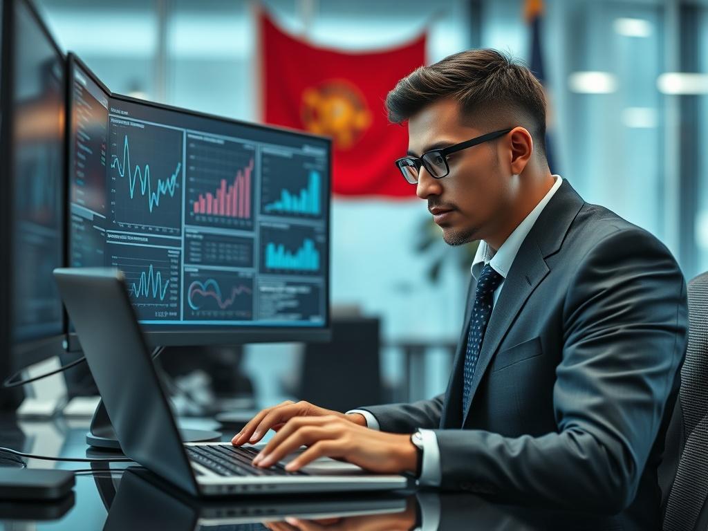 A hyper-realistic close-up shot of a professional working on a DOD IT tech project. The subject is a focused individual, wearing a smart business outfit, typing on a laptop with dual screens displaying complex data and graphs related to DOD IT technology. The background is softly blurred, showcasing a modern office environment with hints of military elements, like a flag or insignia, subtly integrated. The primary colors should align with rgb(234, 68, 61), enhancing the overall professional atmosphere.