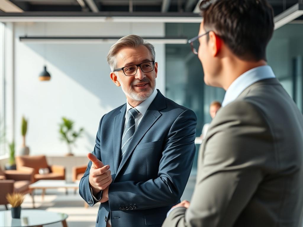 A hyper-realistic close-up shot of a professional consultant engaged in a discussion with a client. The consultant, a middle-aged man in a tailored suit, displays confidence and expertise. The background is a modern office setting with sleek furniture and minimalistic decor, all bathed in natural light. The color scheme should harmonize with rgb(234, 68, 61), ensuring a vibrant yet professional atmosphere.