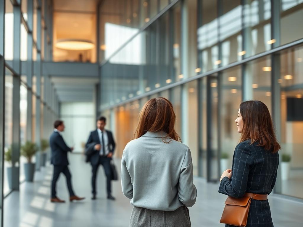 A close-up shot of a modern office building with minimalistic design. The focus should be on a few individuals engaged in professional discussions in the foreground, reflecting a collaborative work environment. The background should showcase the sleek architecture of the building with large glass windows, allowing natural light to illuminate the scene. The color palette should be warm and inviting, with the primary color being rgb(234, 68, 61) subtly incorporated into the design.