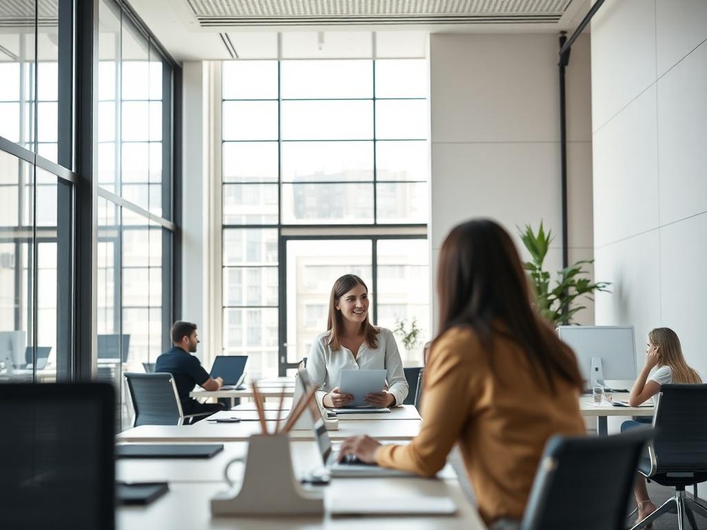 A professional office building interior, showcasing a minimalistic design. The scene includes a few people engaged in discussions or working at desks, highlighting a modern, collaborative atmosphere. Soft, natural lighting fills the space, creating an inviting yet professional environment. The focus is on the people and the clean lines of the office, with subtle decor elements that reflect a sophisticated, corporate aesthetic.