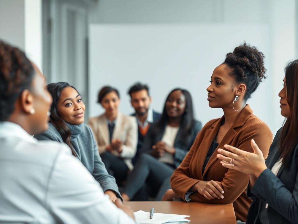 A close-up shot of a facilitator leading a diversity and inclusion workshop with legal professionals. The setting should be a modern conference room, with participants engaged in discussion. The image should capture the dynamic interaction among diverse individuals sharing their experiences. The background should reflect an inviting and inclusive atmosphere, highlighting the importance of diversity in the legal profession.
