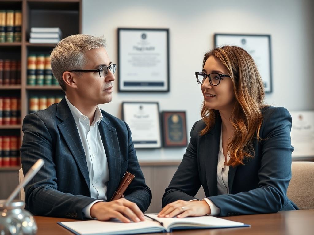 A close-up shot of a professional recruiter discussing a talent acquisition strategy with a law firm partner. The background features a modern office setting with legal books and certificates. The image should have a warm and inviting atmosphere, showcasing the interaction between the recruiter and the partner, with a focus on their expressions and gestures. The lighting should be bright, highlighting the professionalism of the environment.