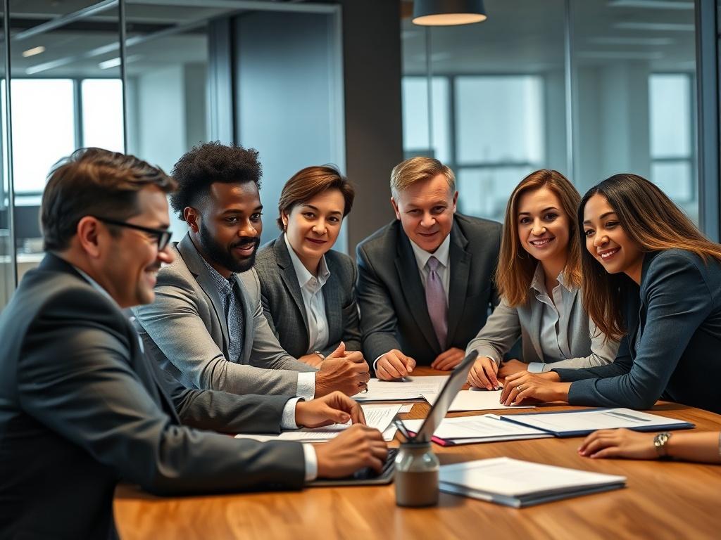 A hyper-realistic close-up of a diverse team of legal professionals engaged in a brainstorming session. They are seated around a conference table with documents and laptops. The focus is on the expressions of collaboration and concentration among team members. The background should display a contemporary office environment, reflecting a professional atmosphere. The lighting should highlight the team's engagement and enthusiasm for optimizing their work processes.