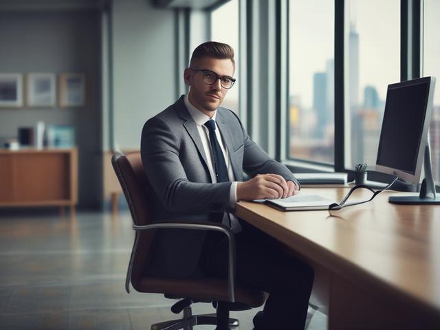 Create a hyper-realistic close-up photo of a professional benefits broker seated at a modern office desk, captured with a 45mm f/1.2 lens style for sharp focus on the subject. The broker is a confident, approachable individual in business-casual attire, holding a tablet or digital device that displays icons symbolizing flexible benefits, mental health support, and wellness programs—subtly reflected on the screen without text. The background is softly blurred in a sleek, contemporary office setting with cool