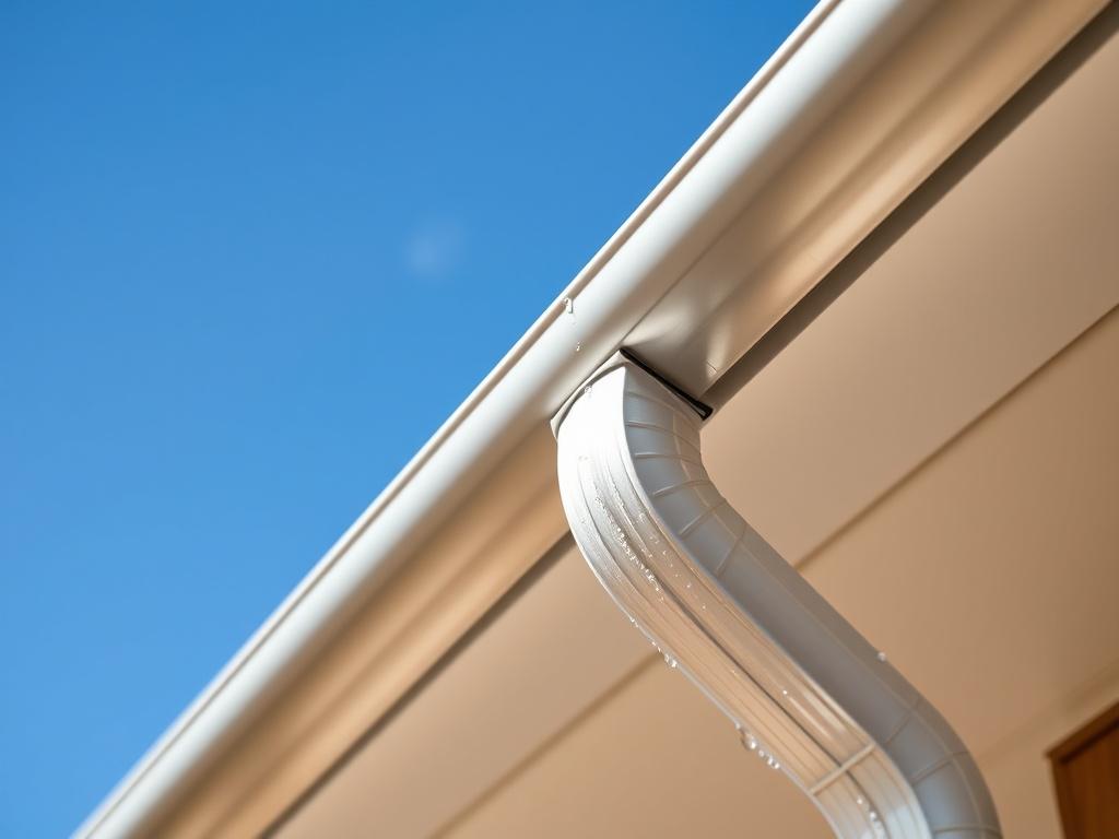 A close-up shot of a modern gutter system installed on the edge of a house. The focus is on the sleek, shiny aluminum gutters, with drops of water glistening in the sunlight. In the background, a clear blue sky contrasts beautifully with the structure, emphasizing the quality and effectiveness of the gutter system. The image should be realistic and high-resolution, capturing the intricate details of the gutter design.