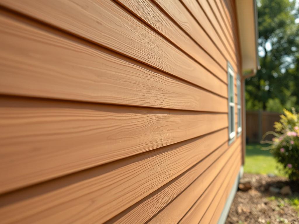 A close-up shot of beautifully installed board and batten siding on a house, showcasing the texture and craftsmanship. The siding should be in a warm, earthy color with natural wood grain visible. The background should be a soft-focus garden or lawn to highlight the exterior of the home. The lighting should be bright and natural, emphasizing the quality and details of the siding. The composition should be simple and clear, focusing solely on the board and batten siding.