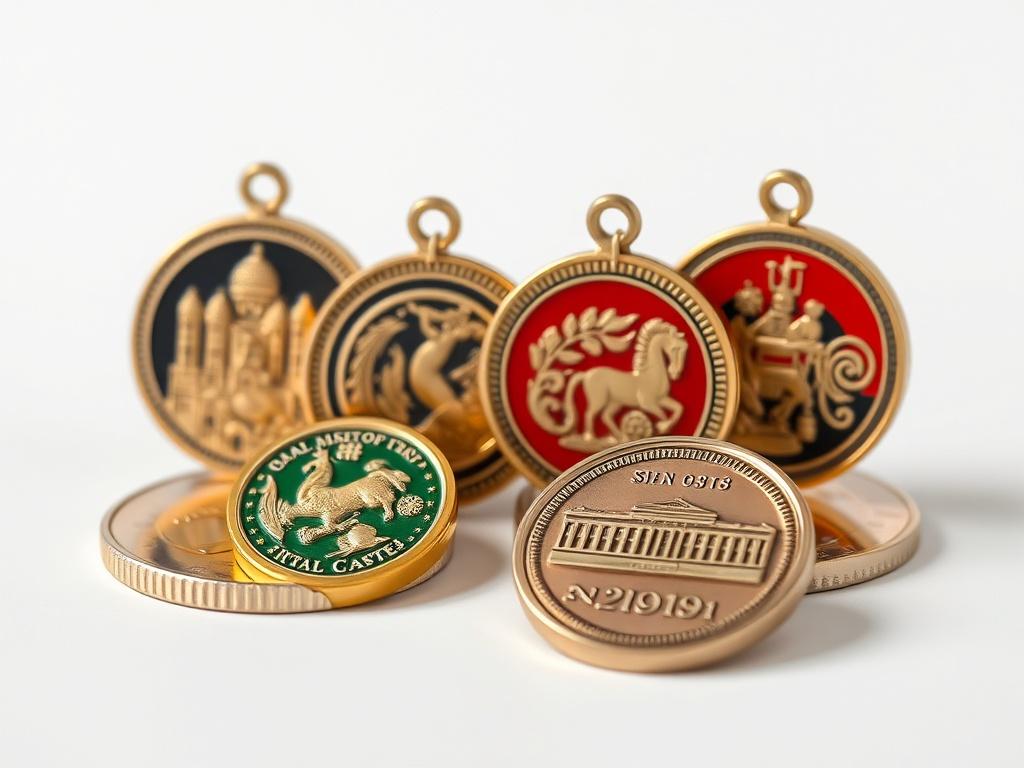 A close-up of customized metallic souvenirs produced by a mechanical coin machine, showcasing four unique designs inspired by local traditions. The souvenirs are displayed elegantly with a clean background, highlighting their craftsmanship and quality. The image emphasizes the vibrant colors and details, giving an inviting feel that appeals to tourists looking for memorable keepsakes.