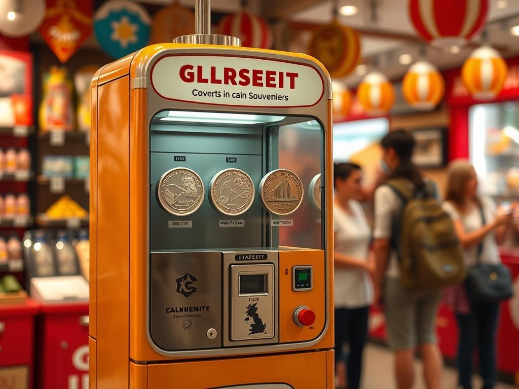 A mechanical coin machine in a vibrant tourist shop, designed to convert 10-cent euro coins into customized metallic souvenirs. The machine displays four different designs related to local culture. The backdrop features a lively shop atmosphere with tourists interacting with the machine. The image captures the machine in high detail with a clean and minimalistic style, highlighting its features in bold vibrant colors.