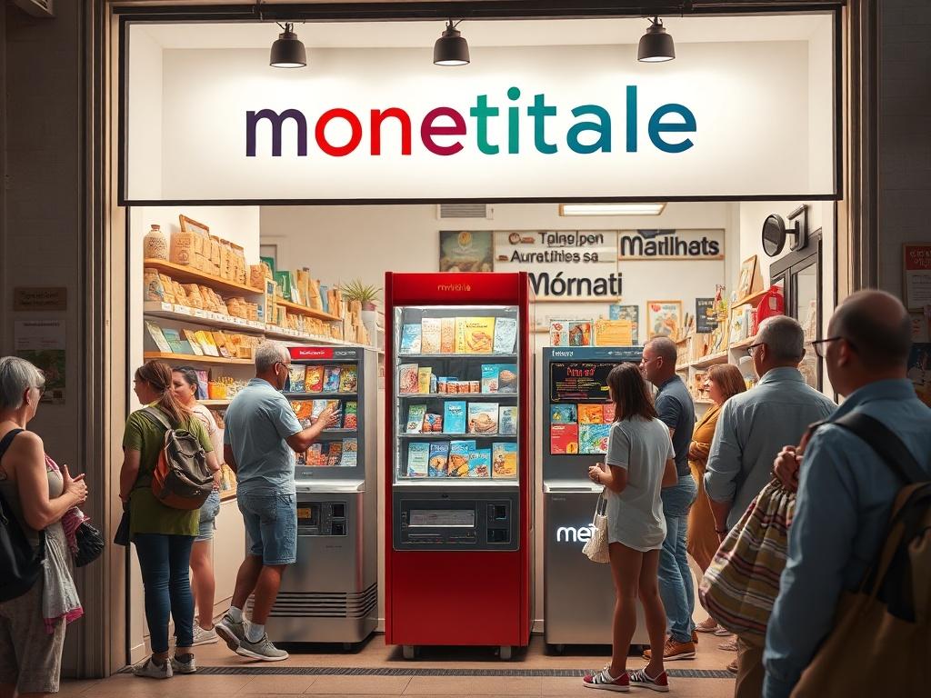 An inviting storefront featuring a mechanical coin machine, symbolizing a partnership with monetitalia. The shop is bustling with tourists, who are engaging with the machine and purchasing souvenirs. The setting is bright and cheerful, emphasizing the collaborative spirit of the partnership. The image captures the essence of community and tourism, showcasing the benefits of working with monetitalia.