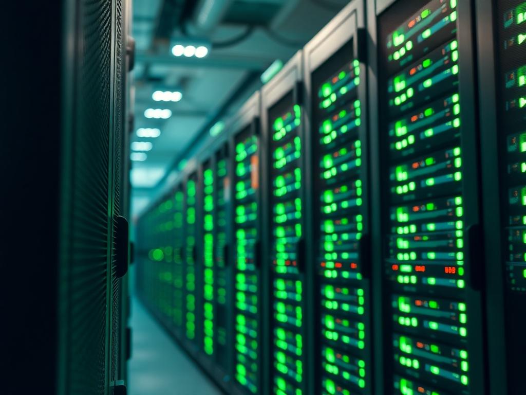 A hyper-realistic close-up shot of a modern data center, showcasing rows of secure server racks with glowing LED lights. The background is slightly blurred to emphasize the detail of the server equipment. The setting is clean and well-organized, conveying a sense of security and professionalism. The color scheme includes shades of green that match the rgb(50, 170, 39) primary color.