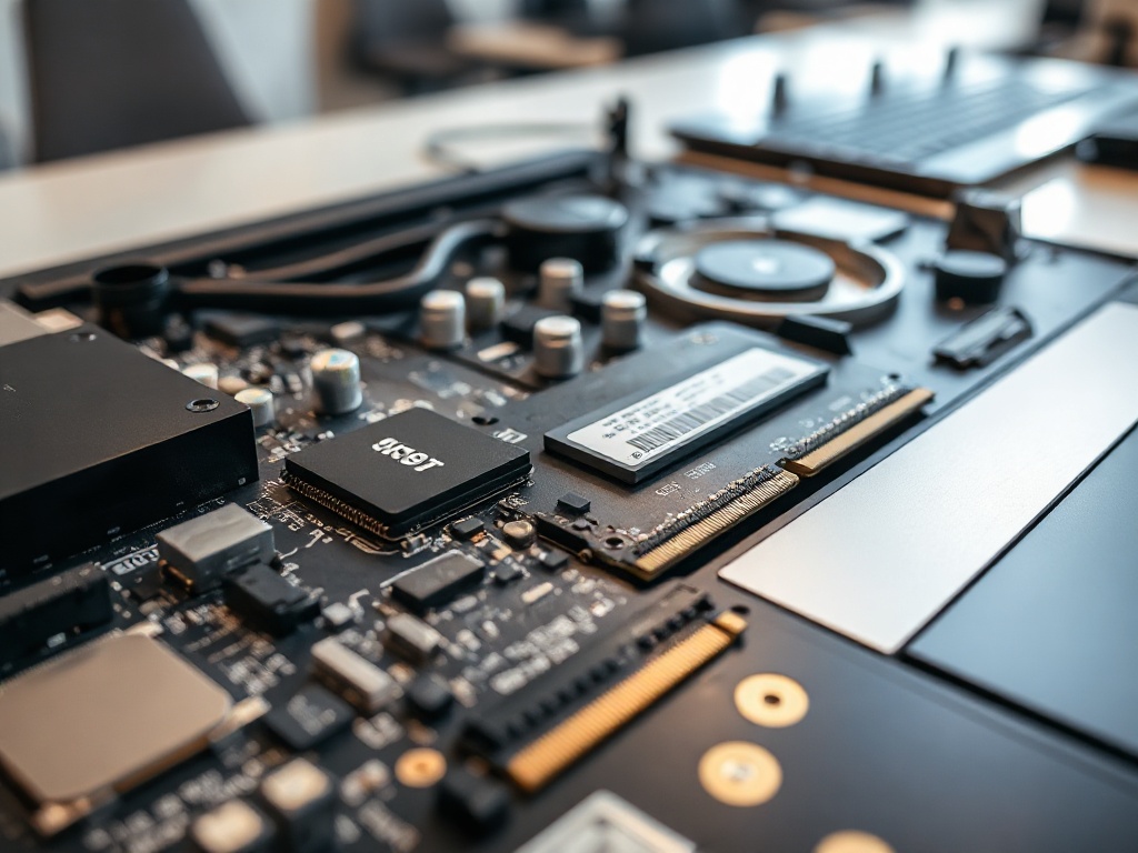 Laptop motherboard with RAM and SSD components on workbench
