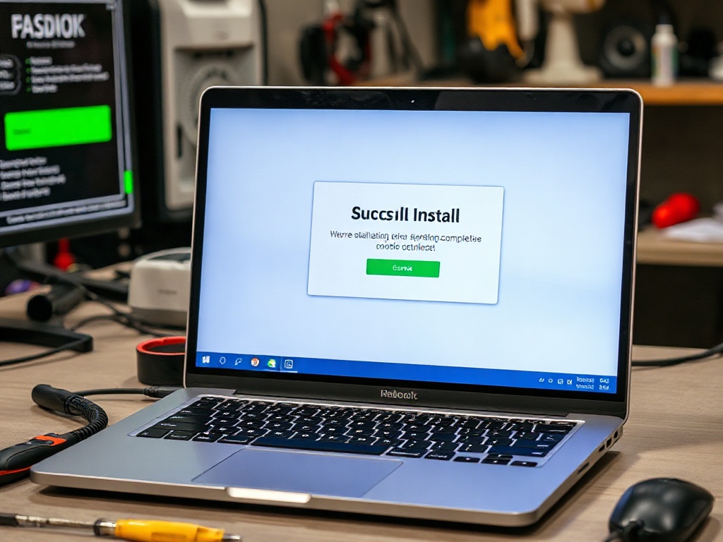 Laptop with system optimization complete message on workbench