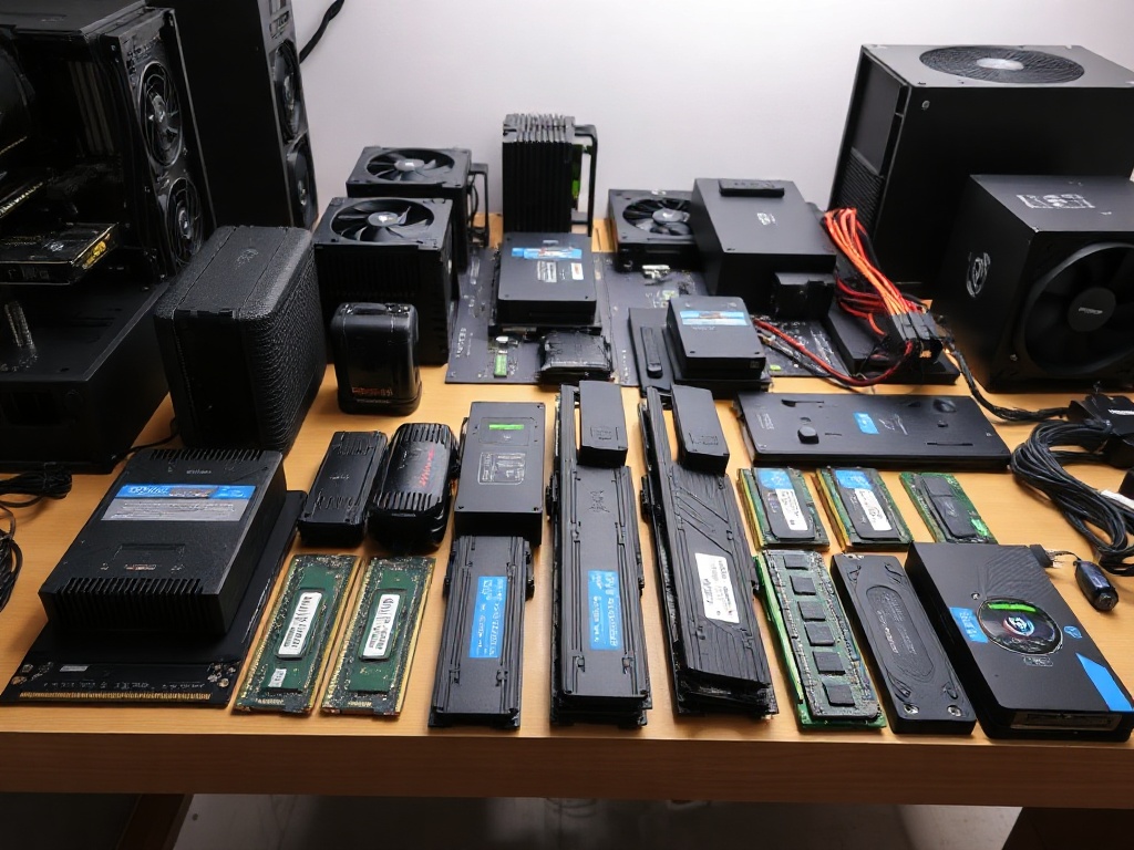 Computer components and parts arranged on workbench