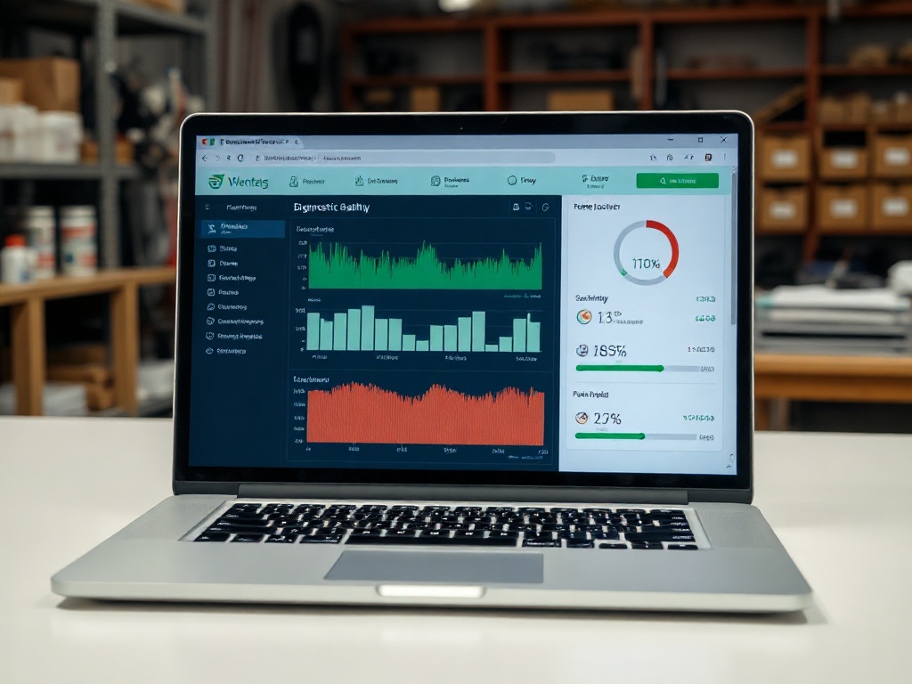 Laptop showing successful system diagnostic on workbench