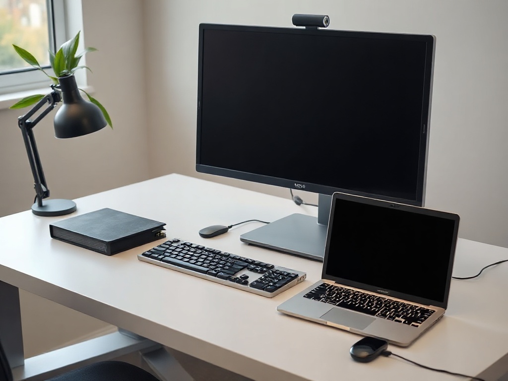 Computer monitor and keyboard setup on modern desk