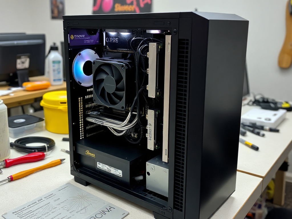 Desktop computer tower with internal components visible on workbench