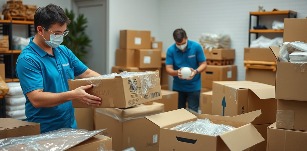 Professional packers carefully wrapping and boxing household items with quality materials