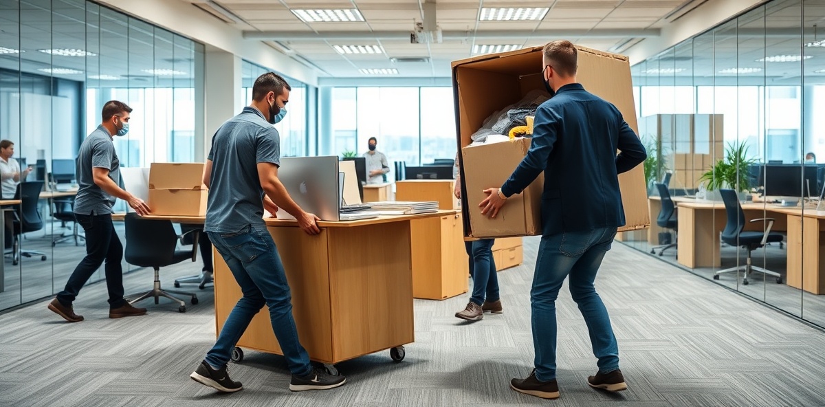 Professional commercial movers relocating office furniture and equipment