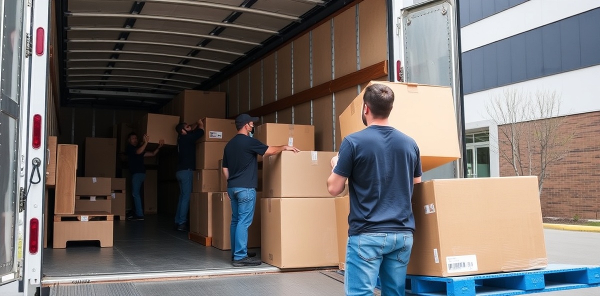 Professional movers loading furniture and boxes into moving truck