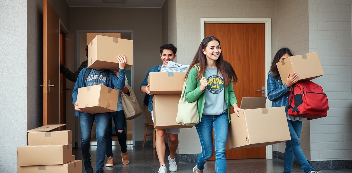 College students moving into dormitory with boxes and belongings