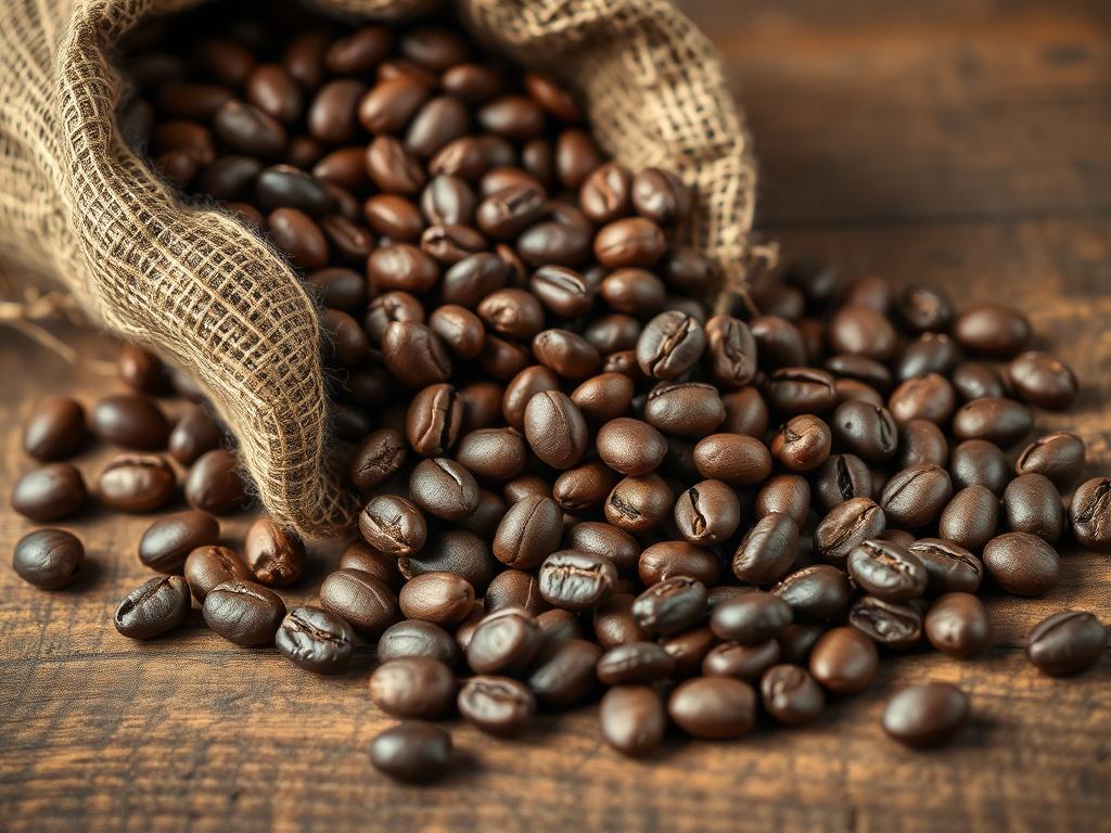 A close-up of freshly roasted coffee beans spilling from a burlap sack onto a rustic wooden table. The beans are glistening, showcasing their rich color and texture. The background is softly blurred, highlighting the earthy tones and natural textures of the surroundings, suggesting a warm, inviting atmosphere.