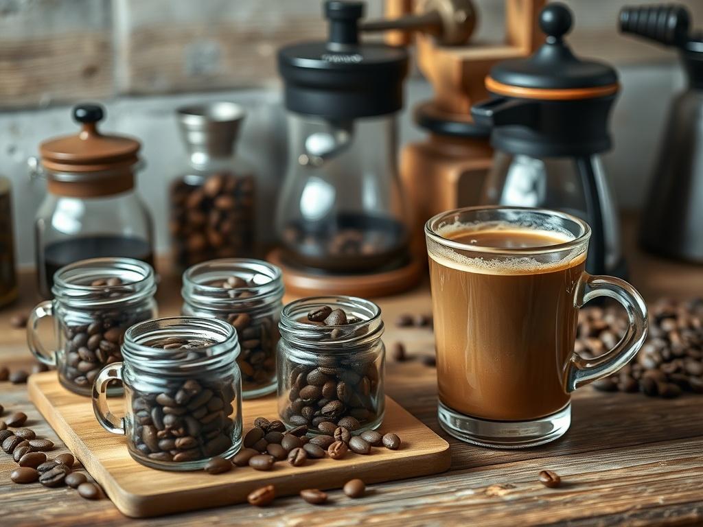 A beautifully arranged coffee tasting setup featuring different coffee beans in small glass jars and a steaming cup of brewed coffee. The background showcases artisanal tools like a coffee grinder and hand drip equipment on a rustic wooden countertop, evoking a sense of craftsmanship and quality.