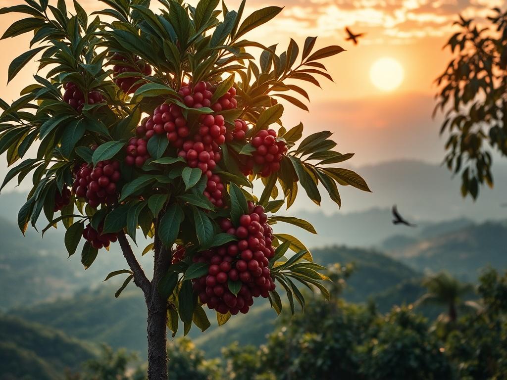 **AI Image Generation Prompt:**

Create a realistic high-resolution photo that encapsulates the essence of the journey from independence to agriculture in Papua New Guinea, particularly focusing on the significance of coffee in this narrative. 

**Subject Matter:** Feature a single, mature coffee tree laden with ripe coffee cherries, symbolizing growth and resilience. The tree should be prominently positioned in the foreground, with its lush, green leaves contrasting beautifully against the vibrant red cher