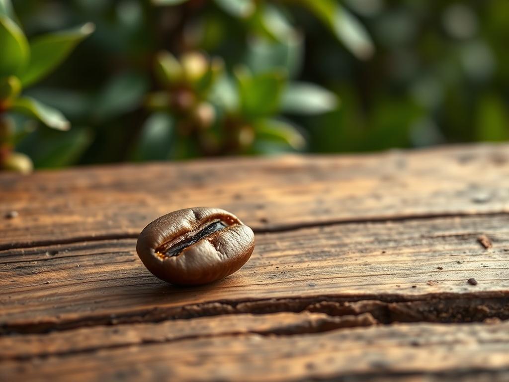 A high-resolution photo of a single coffee bean resting on a rustic wooden table, with natural lighting highlighting its rich texture and color. The background features blurred green coffee plants, emphasizing the connection to nature and sustainable farming. The overall tone is earthy and warm, creating a grounded aesthetic.