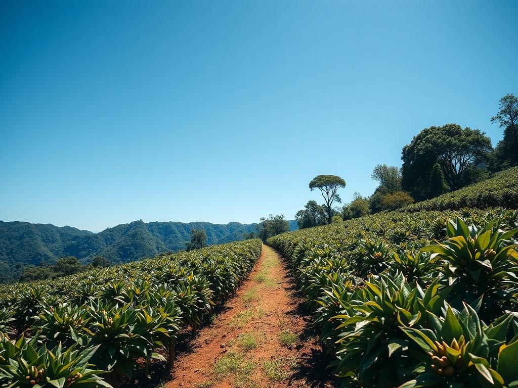 An engaging high-resolution photo of a coffee plantation in Papua New Guinea, showcasing rows of coffee plants under a clear blue sky. The image should incorporate earthy colors and textures, highlighting the natural beauty of the landscape with a rustic feel.