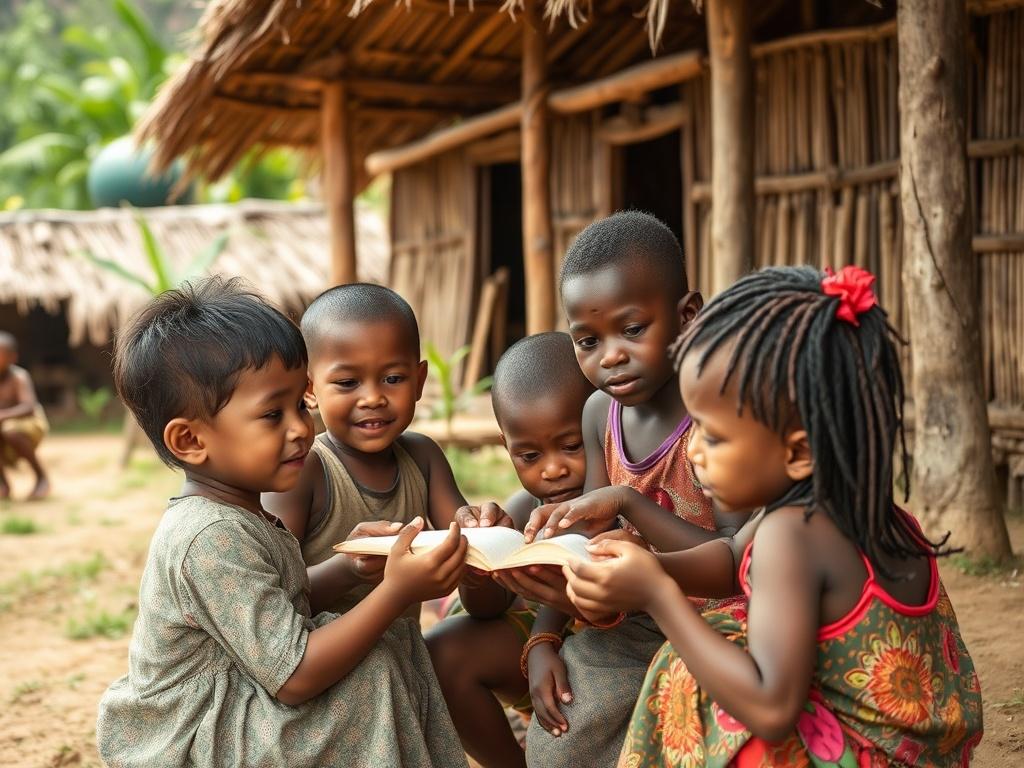 A heartwarming high-resolution photo of children in a Papua New Guinea village engaged in a community learning activity. The background should display traditional village structures and lush greenery, creating a warm, inviting atmosphere that reflects the essence of community support.