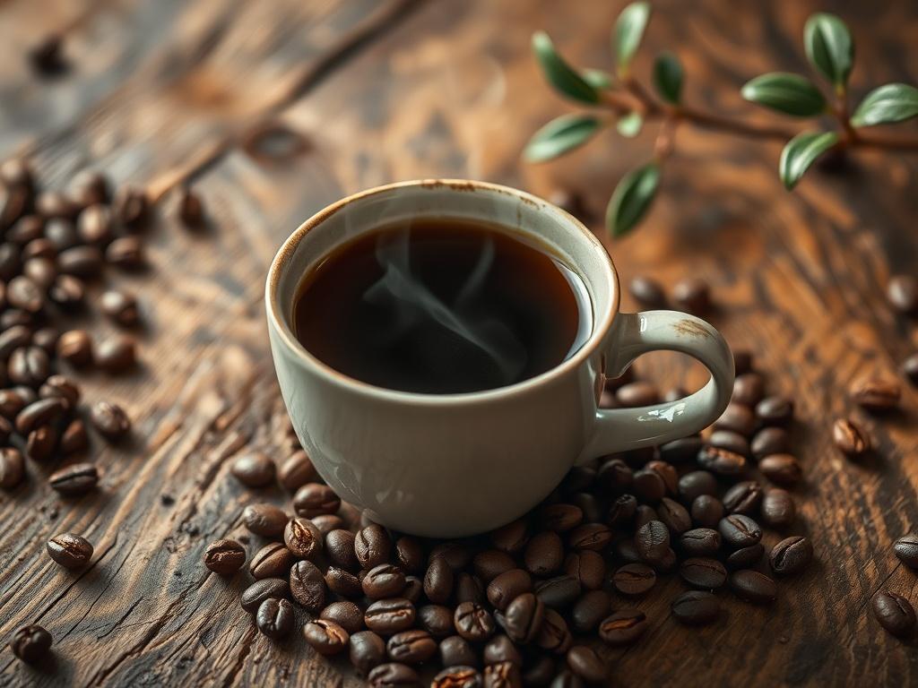 A high-resolution photo of a steaming cup of medium-roasted coffee placed on a rustic wooden table. The background shows natural elements like coffee beans scattered around and a small plant, creating an earthy and grounded aesthetic. The composition highlights the coffee cup as the main subject, with warm, natural tones enhancing the inviting atmosphere.