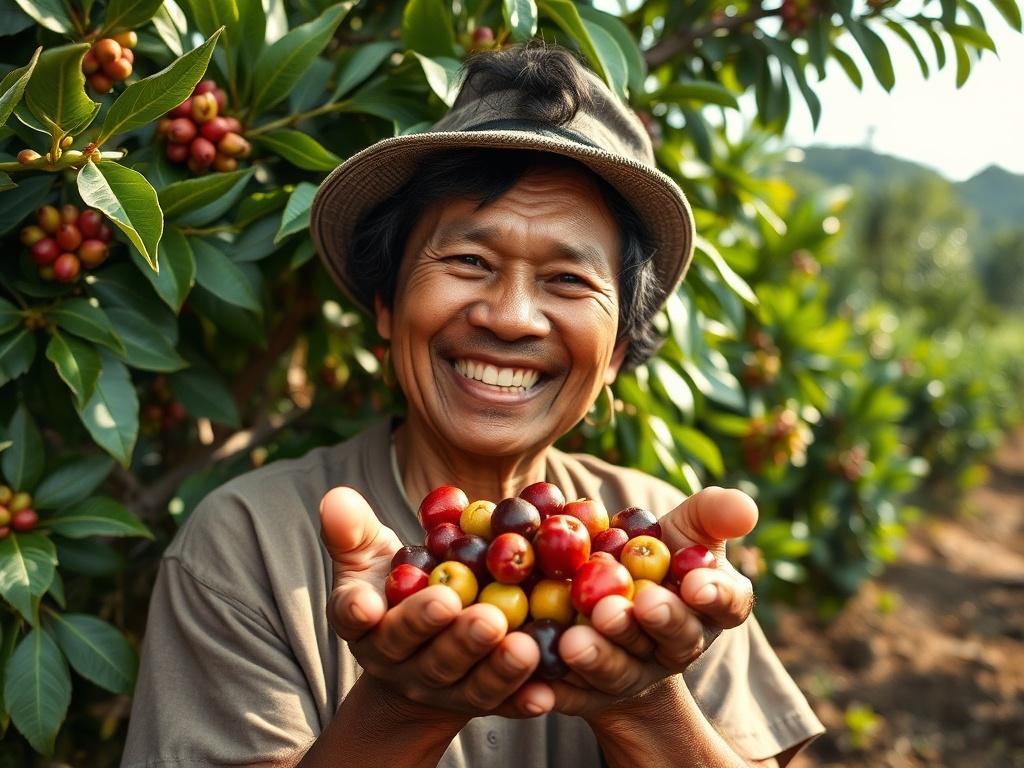 A high-resolution photo depicting a Papua New Guinea coffee farmer smiling while holding freshly picked coffee cherries in their hands. The background features lush green coffee plants under natural sunlight, emphasizing the connection between the grower and their harvest. The image radiates warmth and authenticity, showcasing the beauty of sustainable farming.