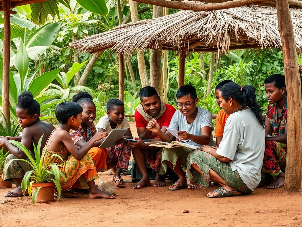 A high-resolution photo of a community gathering in Papua New Guinea, showcasing local families engaging in educational activities and workshops, surrounded by lush greenery. The image conveys a sense of community, collaboration, and positive impact, with vibrant colors that reflect the culture and spirit of the people.