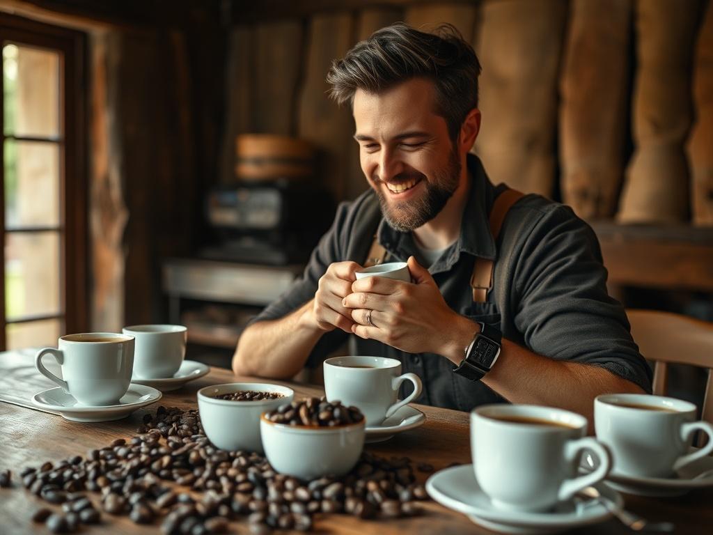 A high-resolution image of a skilled coffee taster in a rustic setting, cupping coffee samples from various beans. The focus is on the taster's expression of delight as they experience the aroma, with coffee cups and beans spread out on a wooden table. The ambiance should be warm and inviting, highlighting the artistry of coffee tasting.