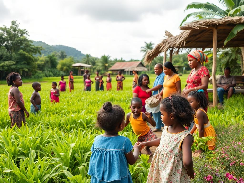A high-resolution image depicting a community gathering in Papua New Guinea, where farmers and families come together to discuss sustainable farming practices. The scene is vibrant and lively, showcasing children playing and adults engaged in conversation, surrounded by lush green fields. The image should evoke a sense of hope and community spirit.