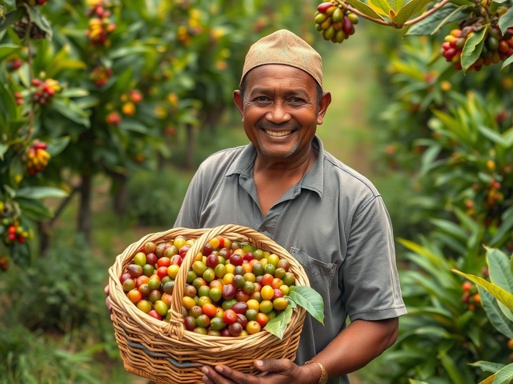 A high-resolution image of a Papua New Guinea coffee farmer in a lush green plantation, holding a basket of freshly picked coffee cherries. The farmer is smiling, showcasing a connection to the earth, with vibrant coffee trees in the background. The colors should be earthy and natural, reflecting the freshness of the coffee harvest.
