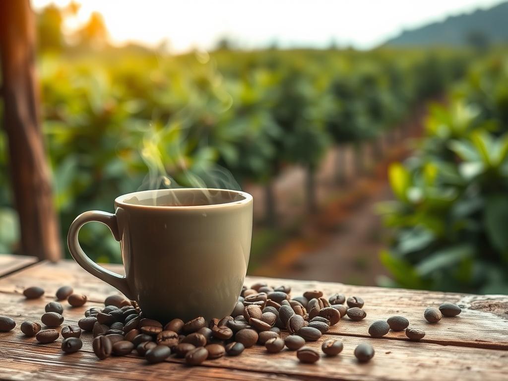 A rustic, high-resolution image showcasing a steaming cup of medium-roasted coffee placed on a wooden table, with scattered coffee beans around it. In the background, a lush green coffee plantation is visible, emphasizing the connection to Papua New Guinea's premium coffee growers. The overall color palette should feature earthy tones, harmonizing with the #1C6220 primary color, creating a warm and inviting atmosphere.