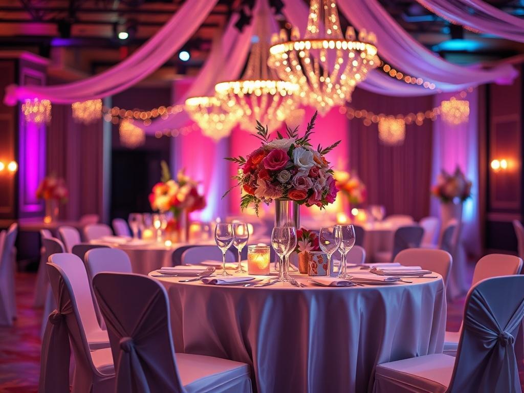 A high resolution of an elegantly decorated event space featuring