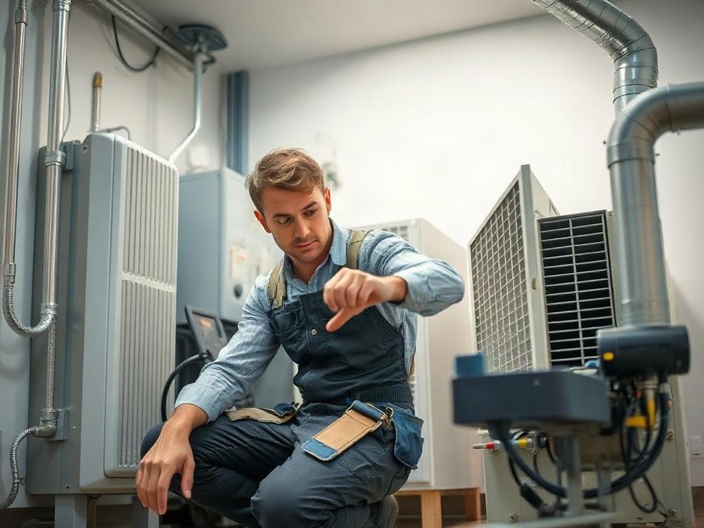 Create a realistic high-resolution photo that serves as the featured image for a blog titled "Understanding HVAC Systems." The composition should be simple and clear, focusing solely on one subject: an HVAC technician thoughtfully examining a residential heating and cooling unit in a modern home environment. 

The technician, dressed in a professional uniform with a tool belt, should be shown in a crouched position, carefully inspecting the unit, which should be contemporary and well-maintained, highlighting its intricate components. The background should depict a clean, well-lit utility room or basement setting with soft, natural lighting that enhances the focus on the technician and the HVAC unit.

Include subtle details in the background such as pipes and ductwork, indicating a functional HVAC system, while ensuring those elements do not distract from the main subject. The color scheme should harmonize with #FF6E4E, perhaps featuring accent elements in that hue or through warm-toned lighting. The overall tone should convey a sense of professionalism and expertise, appealing to homeowners eager to explore the fundamentals of HVAC systems in their homes.