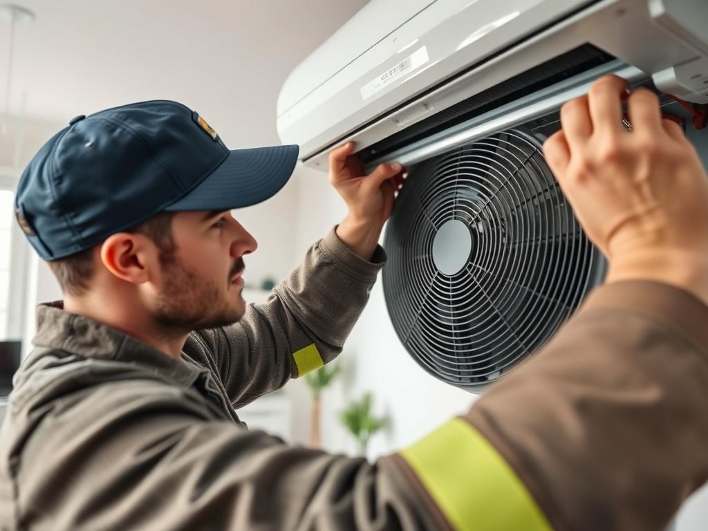 A close-up shot of a technician installing an HVAC unit in a residential setting, showcasing attention to detail and professionalism. The background should be a clean, modern living room, emphasizing home comfort and energy efficiency.