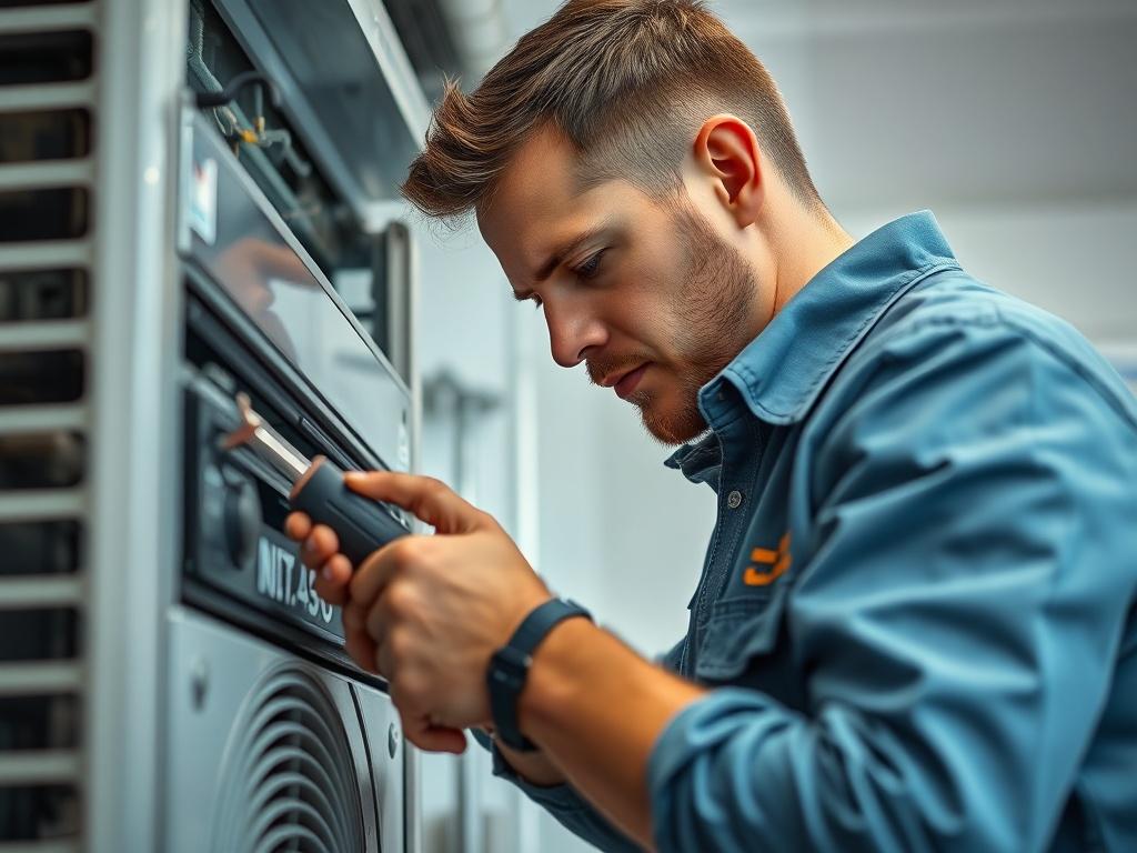 A high-resolution image of a technician performing maintenance on an HVAC unit, using professional tools in a clean, well-lit environment. The background should convey a sense of care and attention to detail, with a focus on maintaining home comfort.