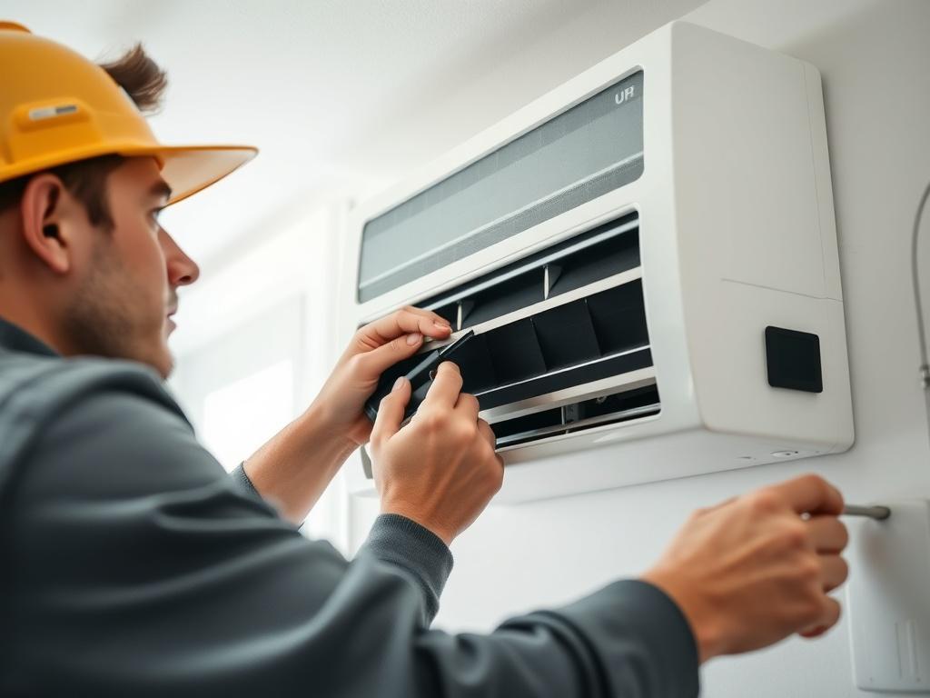 A close-up shot of a technician installing a residential HVAC unit in a home. The technician is focused, using tools to secure the unit in place. The background shows a well-lit, modern home interior, emphasizing cleanliness and professionalism. The image should be high-resolution and rendered in hyper-realistic style, capturing the details of the HVAC unit and the technician's expressions.