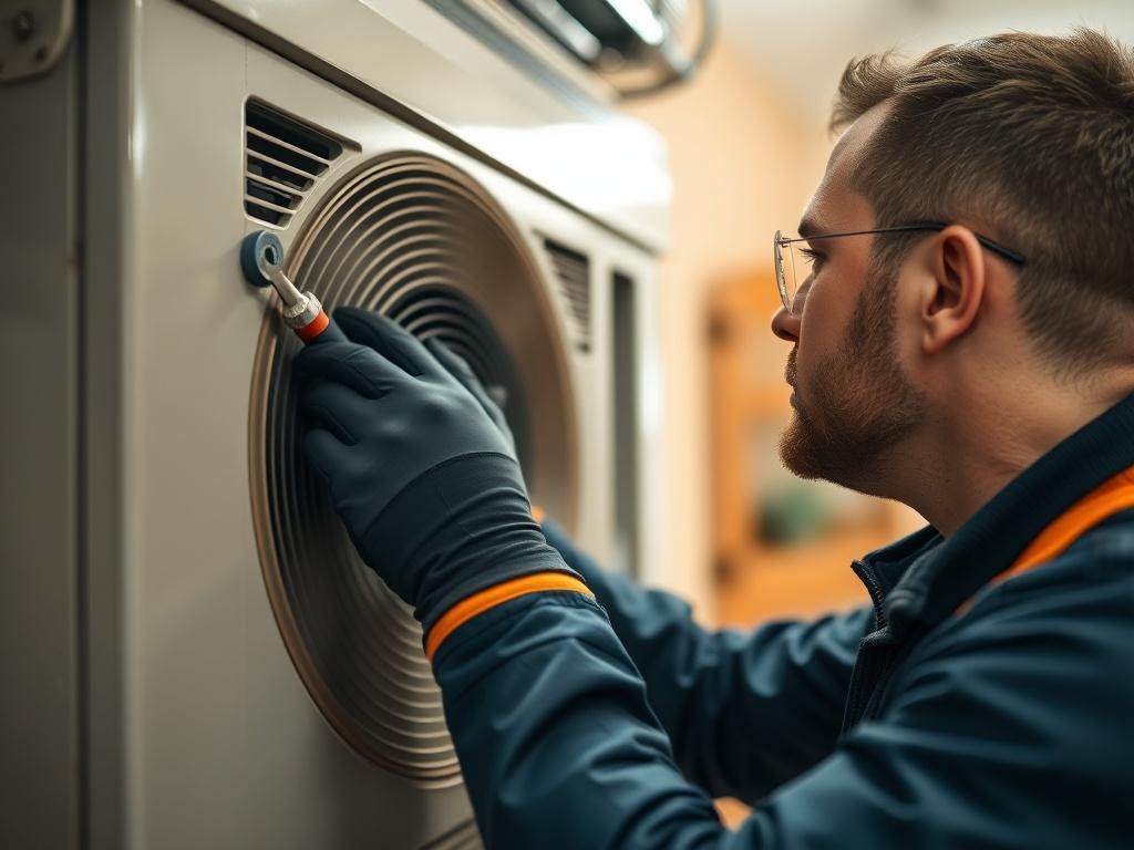A close-up shot of a technician performing maintenance on an HVAC system. The technician is inspecting the unit, wearing gloves and using tools. The background features a cozy home environment, highlighting the importance of regular maintenance. The image should be high-resolution and hyper-realistic, showcasing the intricate details of both the technician and the HVAC unit.