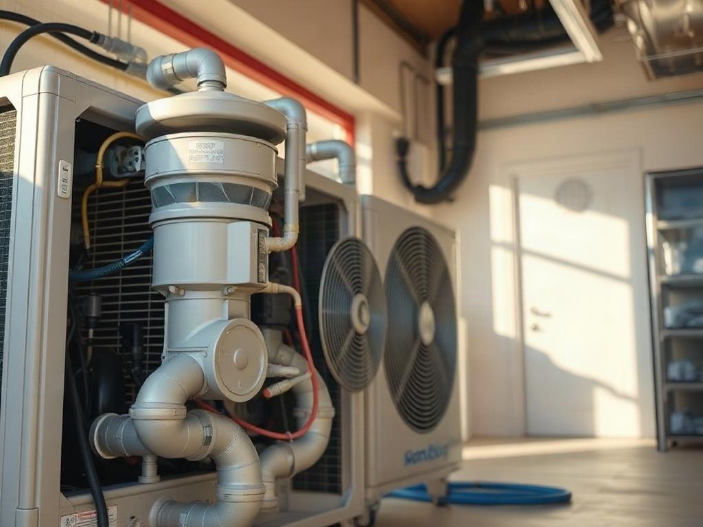**AI Image Generation Prompt:**

Create a realistic high-resolution photo that emphasizes a residential HVAC system. The image should focus on a complete HVAC unit, showcasing its intricate components, such as the compressor, coils, and ductwork, clearly and prominently. The unit should be well-lit to highlight the various parts, emphasizing the importance of these systems in maintaining home comfort.

The background should feature a clean, simple setting, such as a sunlit garage or a utility room, ensuring