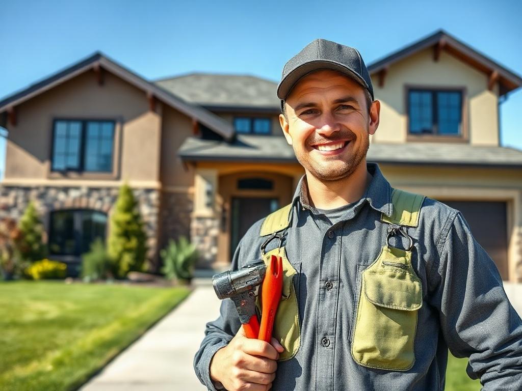 A close-up shot of a friendly HVAC technician in uniform, carrying tools and smiling, standing in front of a modern residential home. The background shows a clear blue sky and well-maintained landscaping. The technician should look approachable and professional, with a focus on their expression and tools, captured with a 45mm f/1.2 lens style.