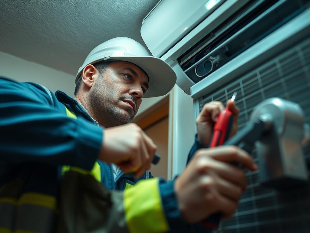 A high-resolution image of an HVAC technician in a residential setting, working on a malfunctioning air conditioning unit. The technician is using specialized tools, with a focused expression. The background should depict a home environment, emphasizing urgency and professionalism.