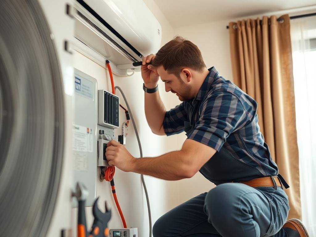A high-resolution close-up shot of an HVAC technician installing a heating and cooling system in a residential setting. The technician is focused on connecting the unit, showcasing their expertise, with tools neatly arranged nearby. The background should be a clean, well-lit room that emphasizes a professional atmosphere.